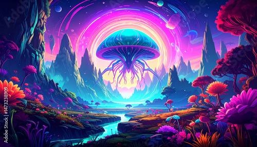 Neon dreamscape features a giant jellyfish creature above a river in a colorful, alien landscape