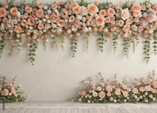 Pastel vintage floral artificial flower wall backdrop with lace , studio, delicate, peony