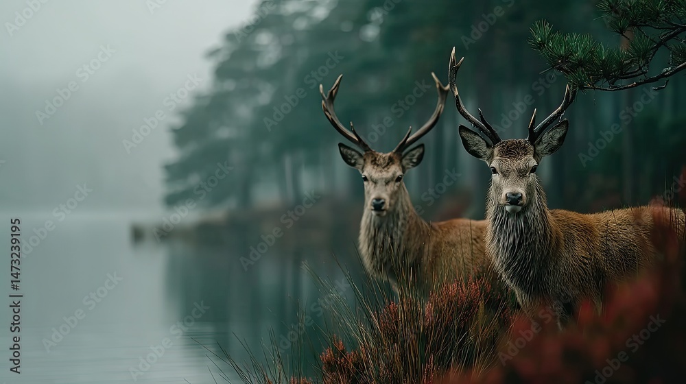 Naklejka premium Misty morning with deer in nature reserve tranquil landscape serene atmosphere wildlife photography