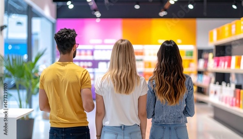 Three individuals facing a colorful wall inside a retail store, observing displayed products