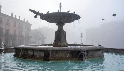 Misty town square fountain with birds perched on the edge and structure