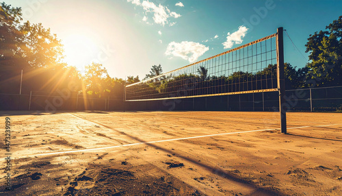 Volleyball court shines with sunlight, promising outdoor summer fun