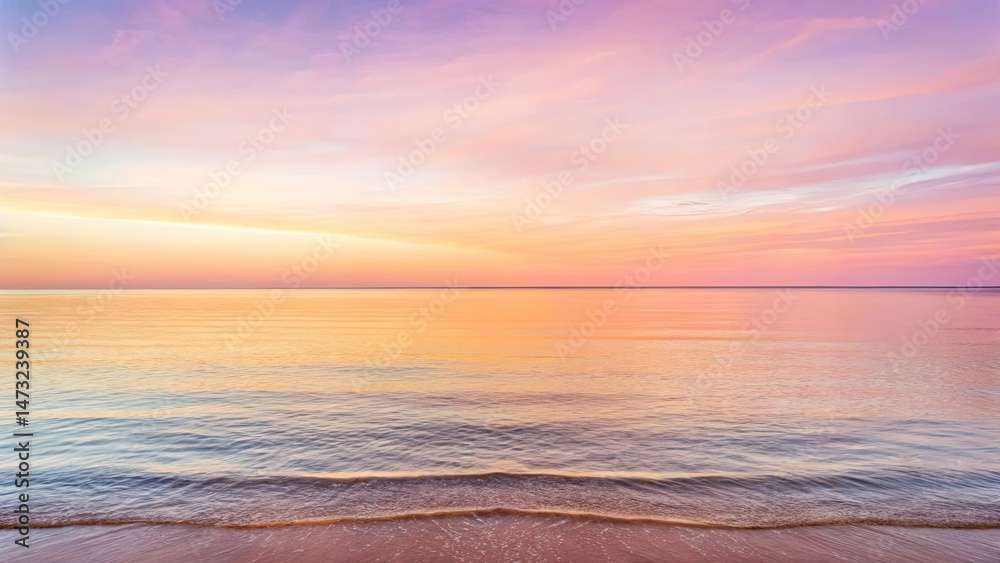 Obraz premium Serene sunset over calm sea with soft pastel colors reflecting on water, creating peaceful and tranquil atmosphere