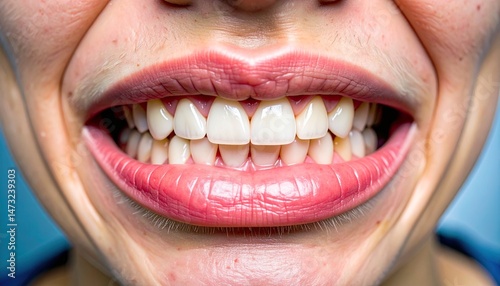 Extreme closeup of a wide, toothy smile with bright pink lips against a blue background