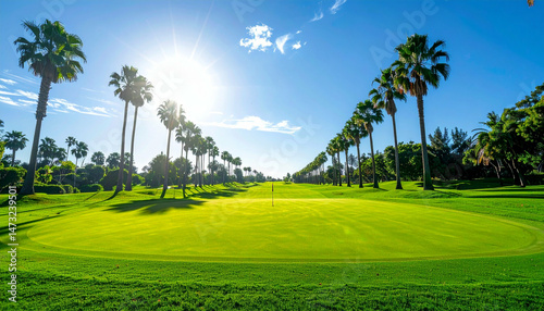 Sunny golf course view with palm trees lining the fairway under a bright, clear sky