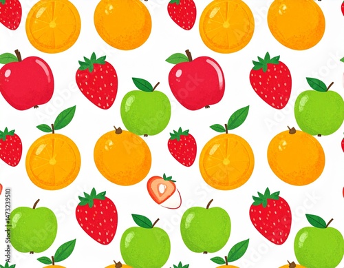 Fruit medley Apples, oranges, & strawberries scattered on white background, creating a vibrant, fresh pattern