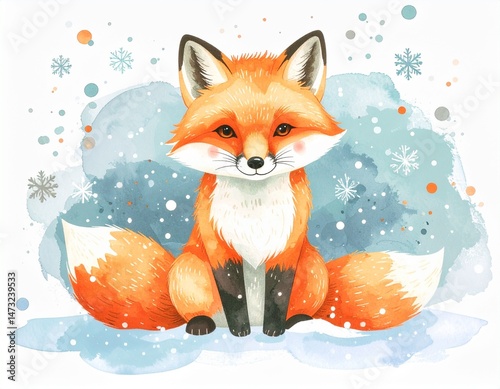 A fox sits sweetly amongst the snowflakes, showcasing vibrant colors and textures