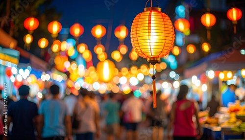 Night market scene with glowing lanterns and blurred crowd evokes warmth and lively atmosphere