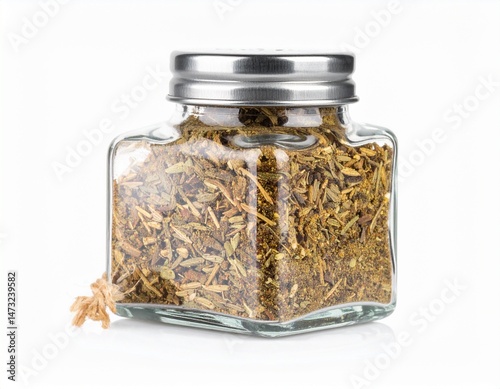 A glass jar filled with dried herbs is isolated on a white background