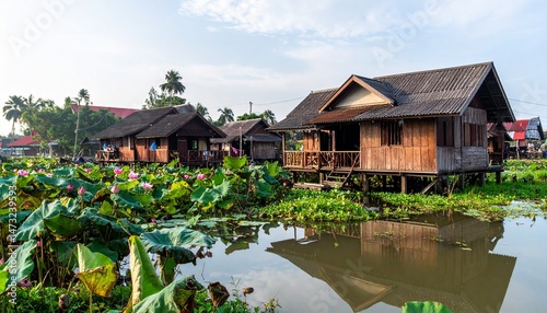 Riverside houses sit on stilts amidst lush flora under a bright sky, reflecting on calm water
