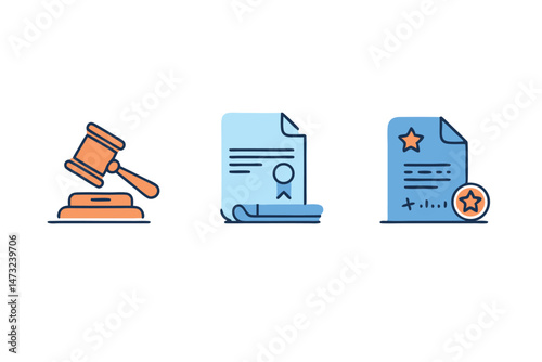 Legal documents and justice concept depicted with illustrated gavel and contracts
