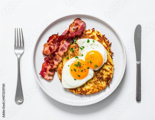 Plate of breakfast with fried eggs, crispy bacon, and hash browns on white background
