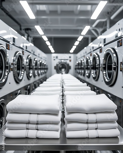 Modern industrial laundry room interior with rows of washing machines and neatly folded towels, creating a sense of cleanliness, efficiency, symmetry, and professional service

