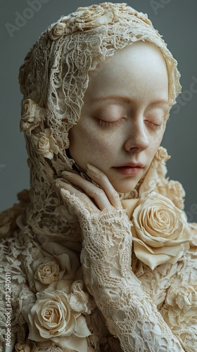 Pale woman in ornate, lace headpiece and gown, adorned with delicate white roses