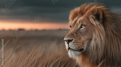 Majestic lion in golden hour light savannah wilderness wildlife photography isolated beauty