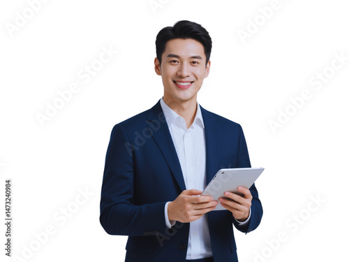 Smiling Asian Businessman Using Tablet Computer
