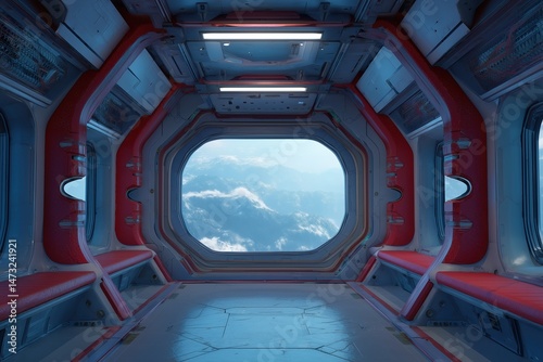 Futuristic Spacecraft Interior With Snowy Mountain View