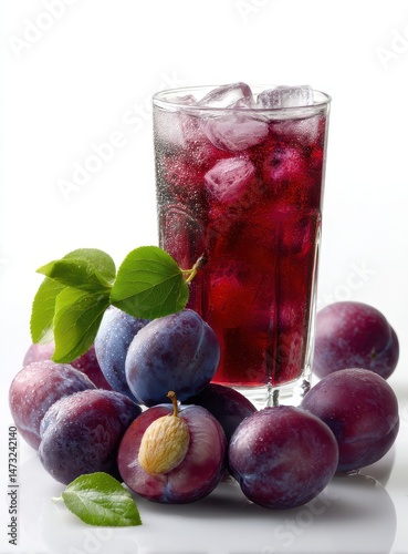 Wallpaper Mural Refreshing Dark Berry Drink with Ice and Fresh Plums on White Background, Perfect for Summer Refreshment and Healthy Lifestyle Promotion Torontodigital.ca