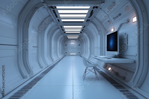 Futuristic Spaceship Hallway Bright Interior with Computer Screen