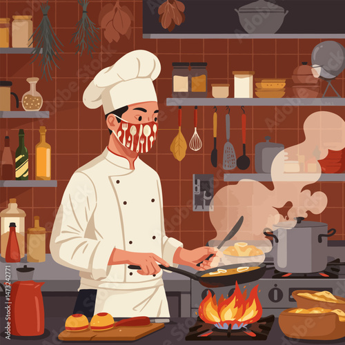 Chef Cooking Food on Stove in Kitchen with Face Mask