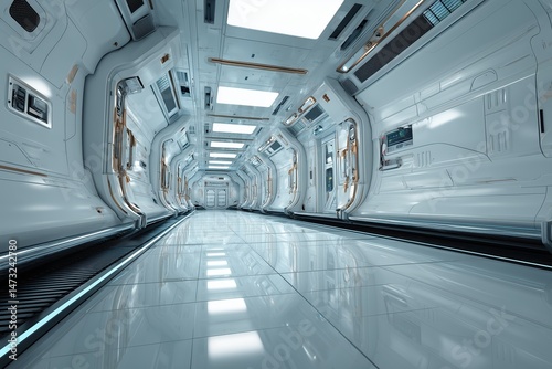 Futuristic Spaceship Passageway Clean White Interior with Reflective Floor and Bright Lighting