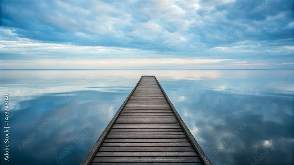Fototapeta premium Serene wooden pier stretches into calm sea under cloudy sky, reflecting soft blue tones and creating tranquil atmosphere