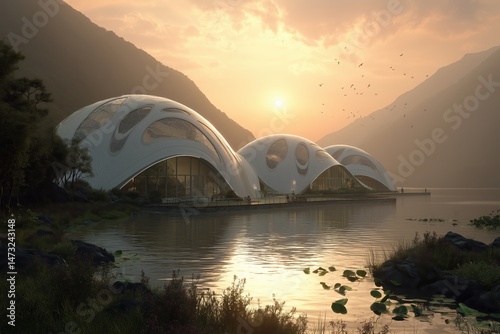Futuristic Structures on a Calm Lake at Sunset