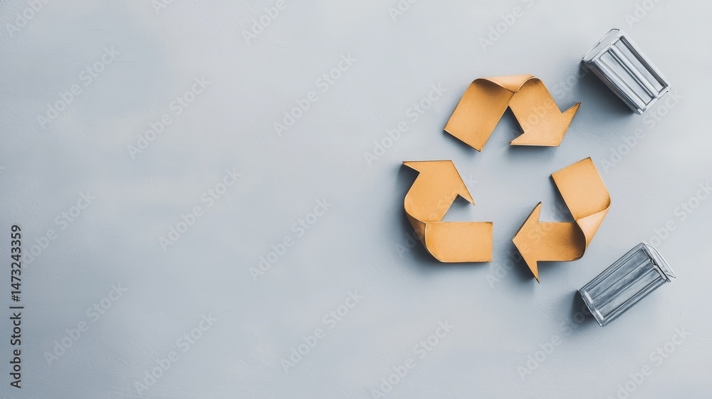 Raising Awareness Through Metal Recycling for a Sustainable Future, Recycling symbol made of cardboard with metal bins on a textured surface.