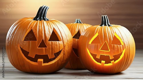 Three Glowing Carved Pumpkins on Wooden Surface