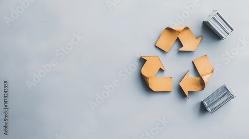 Obraz na płótnie Raising Awareness Through Metal Recycling for a Sustainable Future, Recycling symbol made of cardboard with metal bins on a textured surface. w salonie