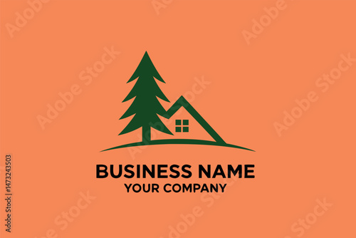 Modern minimalist logo design featuring house and pine tree for real estate or vacation company.