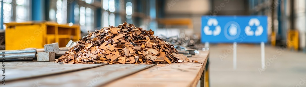 Raising Awareness Through Metal Recycling for a Sustainable Future, A recycling facility with a pile of metal scraps and clear signage in a well-lit environment.