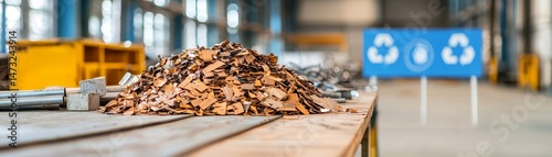 Obraz na płótnie Raising Awareness Through Metal Recycling for a Sustainable Future, A recycling facility with a pile of metal scraps and clear signage in a well-lit environment. w salonie