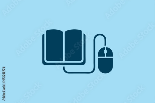 Online learning concept depicting book connected to computer mouse in blue color