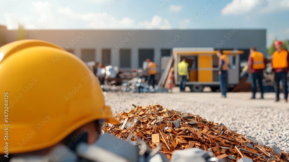 Raising Awareness Through Metal Recycling for a Sustainable Future, Construction site with workers and metal scrap in the foreground.