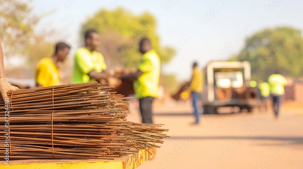 Raising Awareness Through Metal Recycling for a Sustainable Future, Blurred scene of workers handling materials in bright yellow vests on a construction site.
