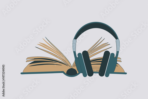 An open book with headphones illustrating the concept of audiobooks and listening