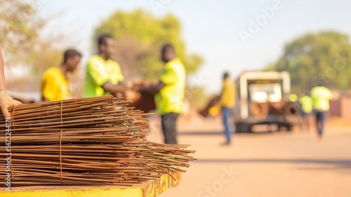 Obraz na płótnie Raising Awareness Through Metal Recycling for a Sustainable Future, Blurred scene of workers handling materials in bright yellow vests on a construction site. w salonie