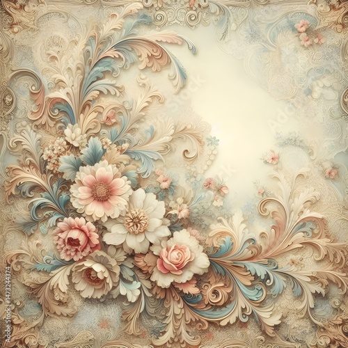 Baroque and rococo style floral illustrations with classic ornaments and soft pastel shades, perfect for vintage decoration, invitations, wallpapers or elegant textile designs.