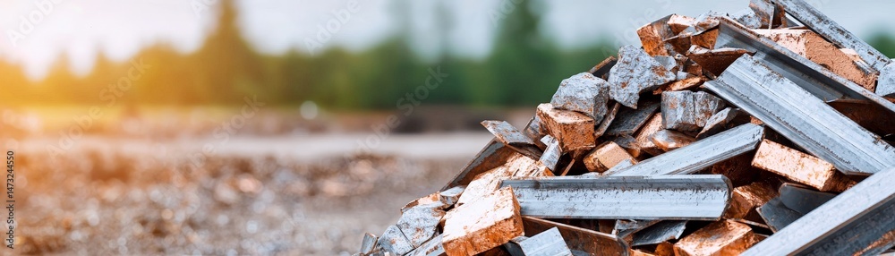 Raising Awareness Through Metal Recycling for a Sustainable Future, Rusty metal scraps stacked outdoors with a blurred green background and sunlight.