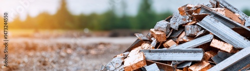 Obraz na płótnie Raising Awareness Through Metal Recycling for a Sustainable Future, Rusty metal scraps stacked outdoors with a blurred green background and sunlight. w salonie