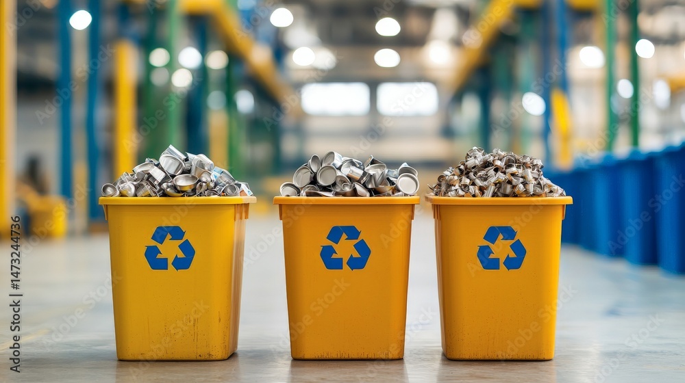 Raising Awareness Through Metal Recycling for a Sustainable Future, Recycling bins filled with aluminum cans in a factory setting highlight sustainability efforts.