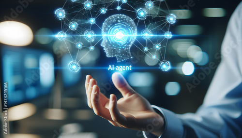 Futuristic Illustration of Artificial Intelligence with Human Hand and Digital Head