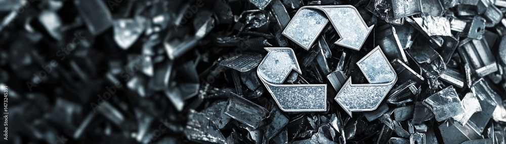 Raising Awareness Through Metal Recycling for a Sustainable Future, Recycled metal materials with a prominent recycling symbol in a dark setting.