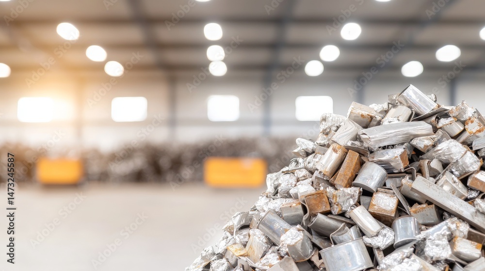 Raising Awareness Through Metal Recycling for a Sustainable Future, Industrial scene showing a large pile of scrap metal in a spacious warehouse setting.