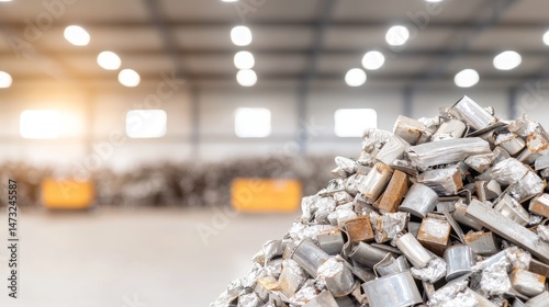 Obraz na płótnie Raising Awareness Through Metal Recycling for a Sustainable Future, Industrial scene showing a large pile of scrap metal in a spacious warehouse setting. w salonie