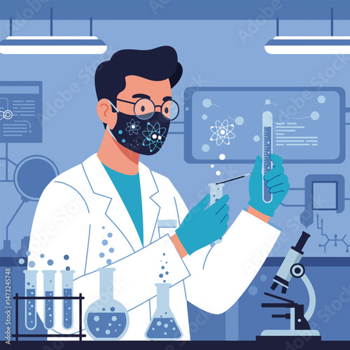 Scientist Conducting Experiment in Laboratory Wearing Facemask and Protective Gloves