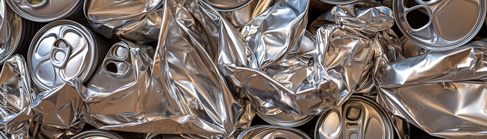 Raising Awareness Through Metal Recycling for a Sustainable Future, Crumpled aluminum cans densely packed together, creating a textured metallic surface.
