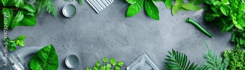 Obraz na płótnie Raising Awareness Through Metal Recycling for a Sustainable Future, Lush green plants arranged on a textured surface, creating a tranquil and natural ambiance. w salonie
