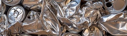 Obraz na płótnie Raising Awareness Through Metal Recycling for a Sustainable Future, Crumpled aluminum cans densely packed together, creating a textured metallic surface. w salonie